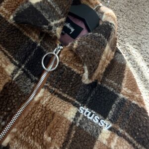Stussy Checkered Sherpa Jacket in Brown and Tan